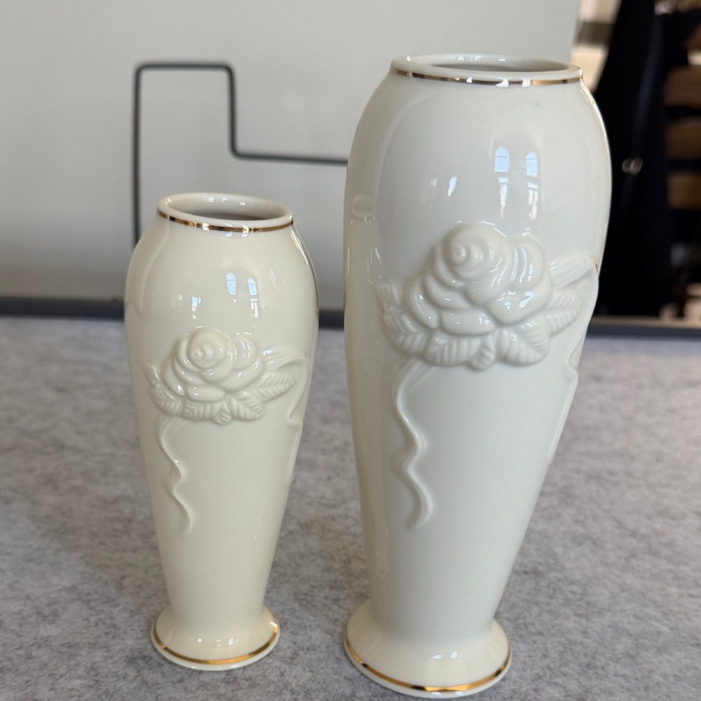 Lenox Cream Porcelain Rose Relief Vases with Gold Trim - Pair